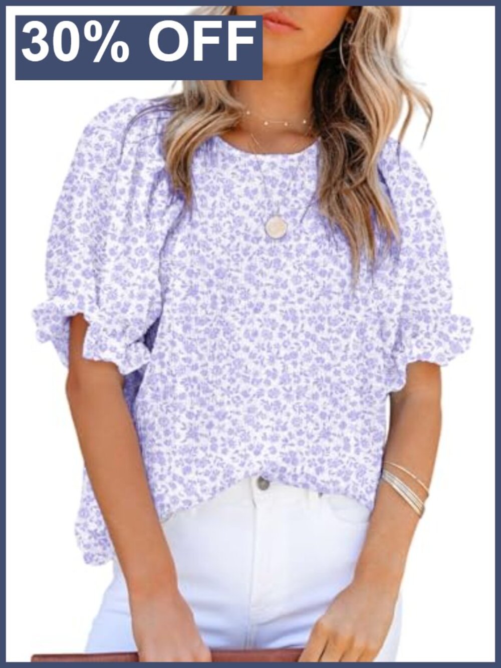 Womens Floral Print Puff Sleeve Tunic Blouse Crew Neck Relaxed Fit